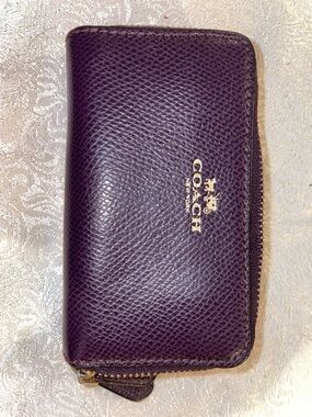 Purple Coach Saffiano Leather Zip Wallet with Gold Logo
